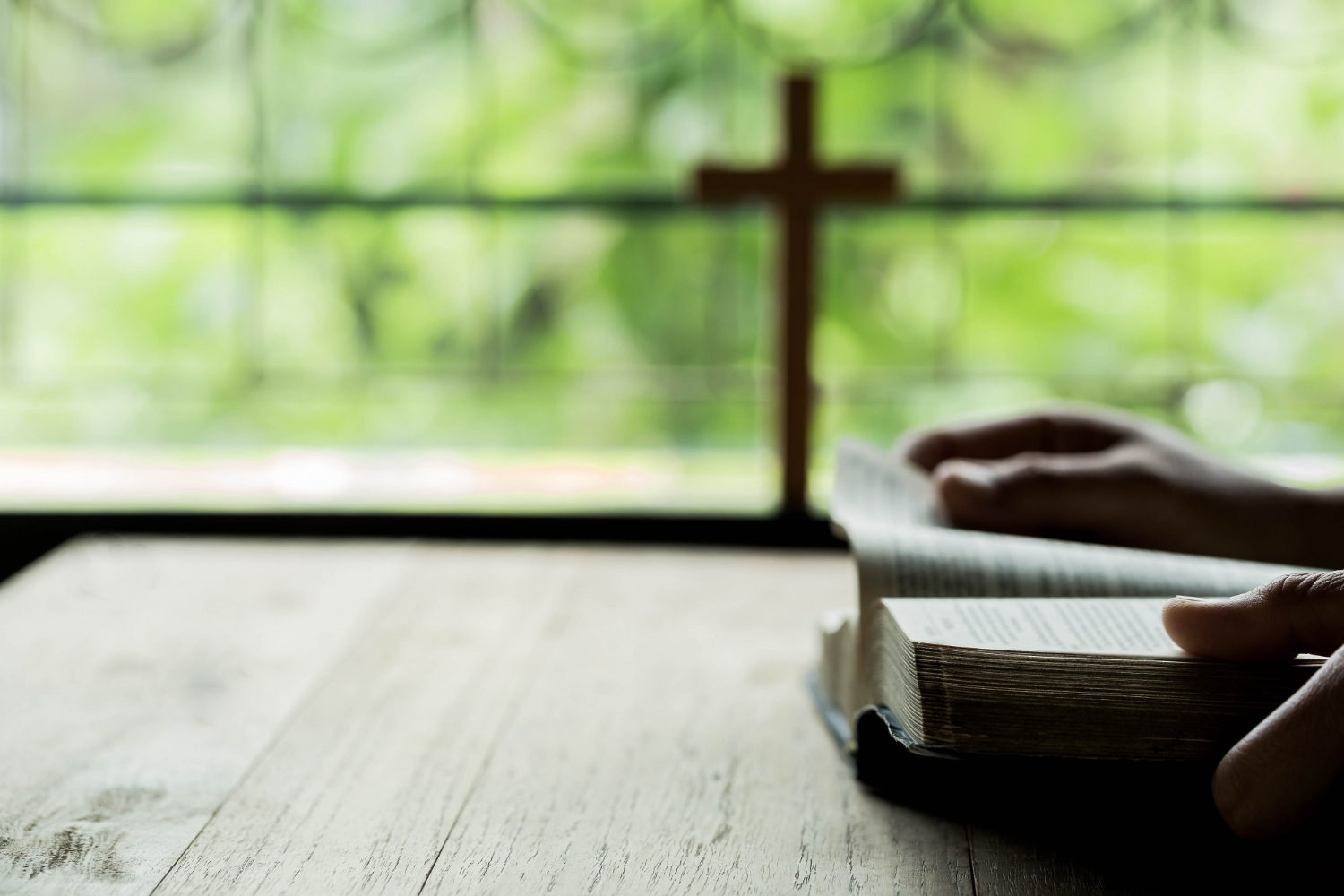 Person reading the bible with a cross in the background